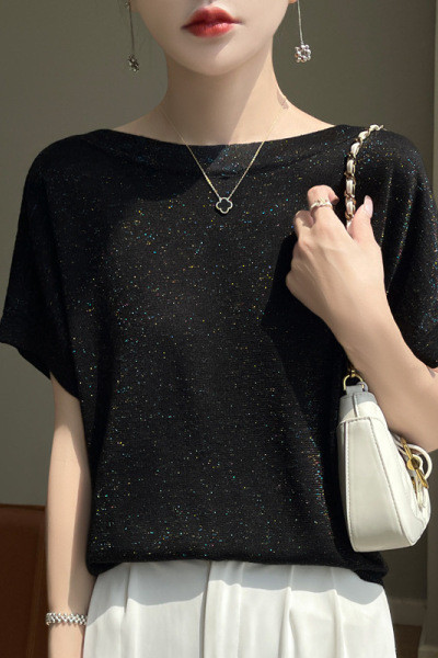 一字领亮丝短袖上衣女夏装薄款时尚24宽松显瘦T恤打底冰丝针织衫