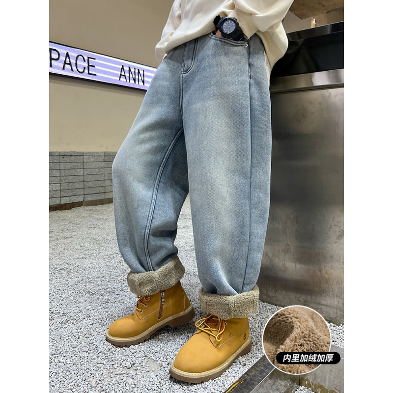 男童加绒裤子羊羔绒冬装大儿童一体绒牛仔裤新款冬季加厚棉裤