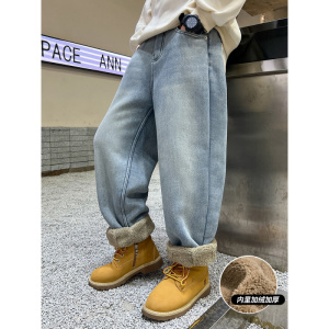 男童加绒裤子羊羔绒冬装大儿童一体绒牛仔裤新款冬季加厚棉裤