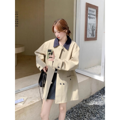 韩系高级感撞色翻领风衣外套女年秋季新款短款休闲小个子大衣