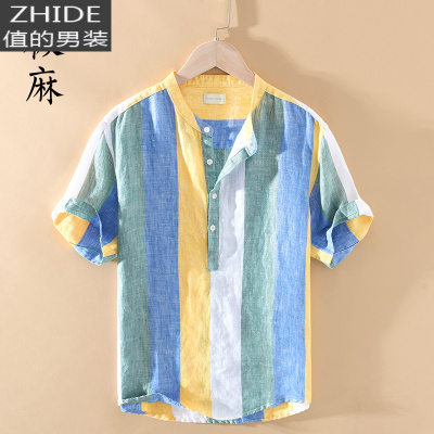 SUNTEK极麻色织条纹立领套头短袖亚麻衬衫男士拼色休闲大码宽松棉麻衬衣衬衫