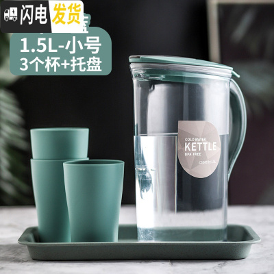 三维工匠大容量塑料冷水壶果汁壶扎壶凉茶壶耐热高温家用凉开水壶套装凉杯 米亚蓝小号1.5(带托盘+3个杯)凉水壶