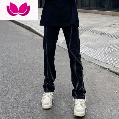 七斓欧美vibe风复古拼接牛仔裤男高街直筒宽松设计感小众潮牌炸街裤子