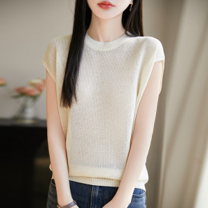 2025年春夏新款冰丝圆领针织背心纯色薄款套头打底衫上衣女