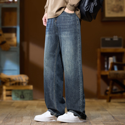 高街复古中线拼缝牛仔裤男 酵洗做旧工艺 宽松直筒 百搭拖地长裤