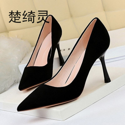 楚绮灵-欧美风时尚简约超高跟绒面浅口尖头夜店显瘦高跟鞋单鞋