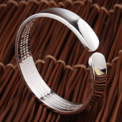 银手镯9999纯银女光面心经凹槽凹面开口银镯子民族风亮面足银手环送女朋友老婆情人节七夕生日礼物