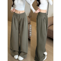 绿色运动裤子女春秋新款高腰垂感宽松显瘦直筒阔腿裤美式卫裤