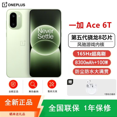 [全新]一加Ace6 T 12GB+256GB 掠影绿 第五代骁龙8芯 8300毫安大毫安 165Hz刷新率 100W