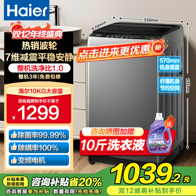海尔(Haier)10公斤 变频 全自动 波轮洗衣机 1.0洗净比 纳米微泡净 除菌除螨 XQB100-BZ20B0