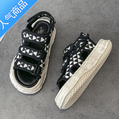 SUNTEK韩版百搭千鸟格运动凉鞋女2023夏季新款厚底老爹休闲罗马凉鞋