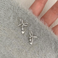 S925纯银蝴蝶结爱心锆石耳钉女温柔小众设计耳环夏天流苏耳饰送女朋友老婆情人节七夕生日礼物