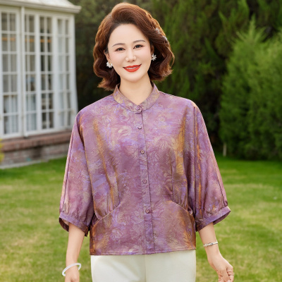 时尚设计款中老年显瘦妈妈装40-60岁中年女中袖缎面夏季衣服薄款