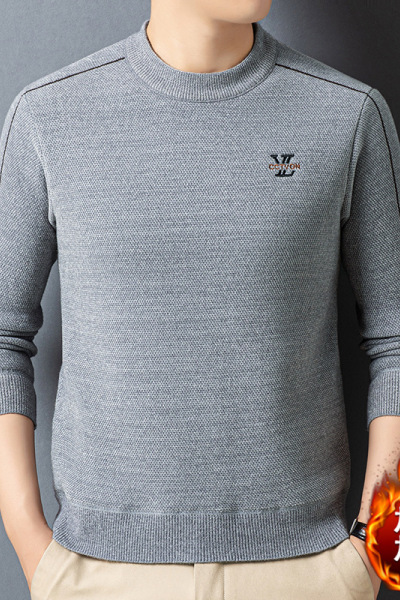 重磅绣花雪貂绒毛衣男2025秋冬季新款圆领加绒加厚保暖男士针织衫