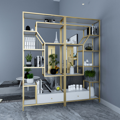 书架落地实木客厅办公室铁艺置物架工业风隔断屏风多层展示架柜子