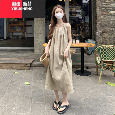 YIBUSHENG法式气质挂脖吊带无袖连衣裙子女季2024新款小个子海边度假长裙