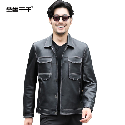 举翼王子新款头层绵羊皮皮衣工装版型男式皮夹克男士翻领外套青年潮款机车服