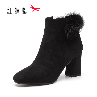 红蜻蜓短靴女冬款加绒保暖棉鞋侧拉链粗跟貂毛时装女靴韩版百搭高跟小圆头磨砂皮短筒马丁靴