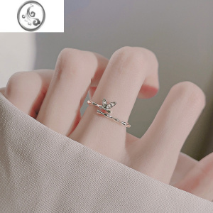 JiMi925银银竹子戒指女开口调节小众个性蝴蝶翅膀食指戒简约时尚ins潮 竹叶开口戒指通体S925银
