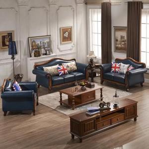 美式乡村简美真皮沙发组合欧式实木油蜡皮艺三人位小户型客厅家具