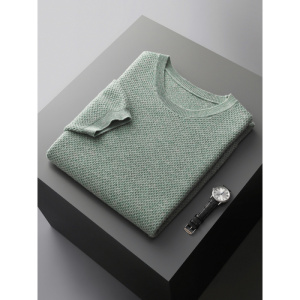 男士圆领简约纯色蜂窝针套头毛衣宽松休闲全羊毛初秋新款针织半袖