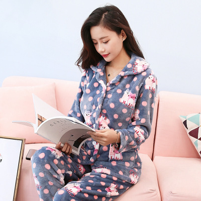 迪鲁奥（DILUAO)同款旗舰店月子装哺乳期秋冬季法兰绒加绒怀孕期产后珊瑚绒月子服哺乳孕妇睡衣女套装哺乳套装
