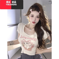 YIBUSHENG甜辣妹猫咪印花方领短款t恤女季修身显瘦正肩短袖高腰露脐上衣