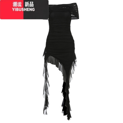 YIBUSHENG怪诞女孩 自制流苏不规则抹胸连衣裙纯欲荷叶边拼接收腰辣妹短裙
