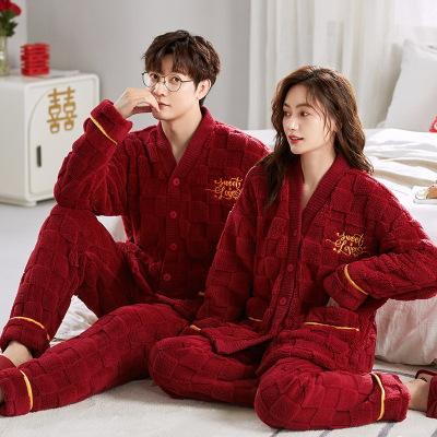 情侣睡衣秋冬季珊瑚绒本命年喜庆结婚大红色一男士一女家居服套装