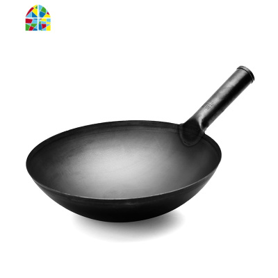 酒店厨师爆炒专用熟铁锅无涂层无烟家用炒锅圆底商用猛火灶熟铁锅 FENGHOU 32防烫胶柄