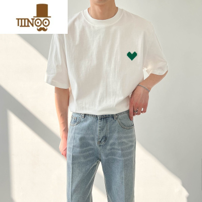 YANXUZPZ夏季上衣韩版宽松圆领短袖T恤 男士潮牌I爱心半袖体恤衫