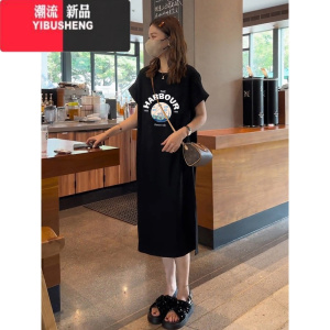 YIBUSHENG2024新款短袖宽松连衣裙休闲过膝t恤裙百搭中长款长裙女显瘦季
