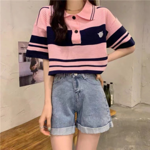 复古polo领条纹T恤女夏季新款宽松INS短款设计感别致短袖针织上衣