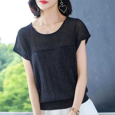 大码女装亮丝短袖t恤女蝙蝠衫夏季新款宽松冰丝镂空针织体恤打底
