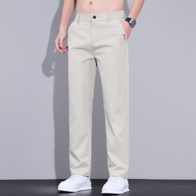 男士米白色直筒男休闲长裤大码弹力舒适透气百搭松紧腰通勤西裤男