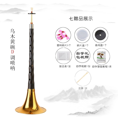 炎黄唢呐黑檀乌木D调红木d调唢呐成人初学者唢呐乐器全套乌木D调黄碗+7赠品+竖笛
