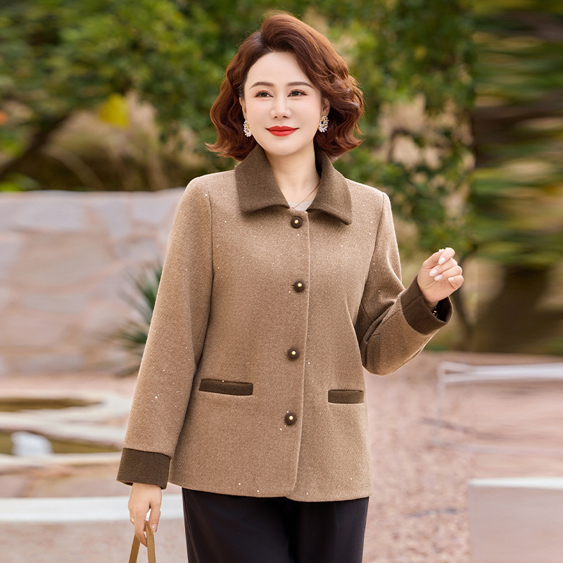 2026年女装新款呢子外套女春季薄款妈妈装春季开衫时尚女翻领衣服