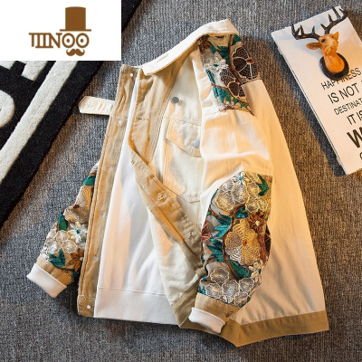 YANXU潮牌刺绣牛仔外套男士2023新款宽松休闲工装夹克男款上衣服