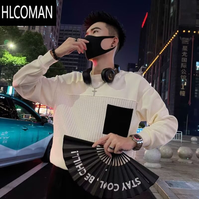 HLCOMAN痞帅拼接卫衣男潮牌长袖T恤2024新款男士休闲百搭加绒上衣