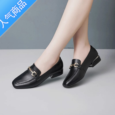 SUNTEK春秋季单鞋女软底平底粗跟2023新款低跟英伦风皮鞋乐福鞋大码