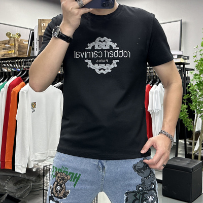 欧洲站潮流夏季新款修身短袖T恤男士上衣丝光棉字母时尚圆领半袖