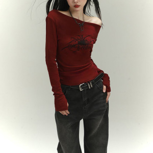 少女秋冬辣妹穿搭性感别致甜辣一字肩斜肩网红INS上衣女长袖T恤