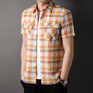 夏季纯亚麻短袖衬衣男中国风薄麻料衬衫国潮复古格子工装半袖