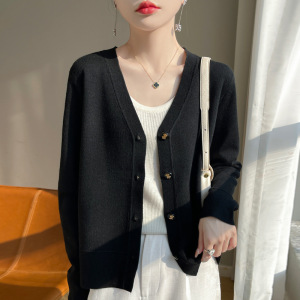 女V领针织开衫春秋新款精纺羊毛薄款外套蝴蝶结黑扣装饰宽松显瘦