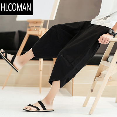 HLCOMAN大码七分裤男宽松夏季中国风亚麻短裤男士薄款棉麻休闲直筒沙滩裤