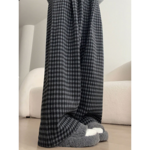 黑色毛呢格子裤女新款秋季垂感窄版直筒宽松小个子西装阔腿裤