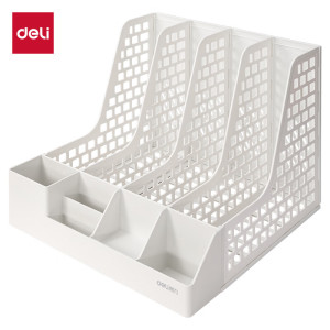 得力文件框栏莫兰迪桌面档案收纳盒办公室报告书籍学生书立架文件篮筐置物整理架自带笔筒 白色PB106