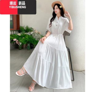 YIBUSHENG季宽松大码碎花棉绸连衣裙衬衫长款系带复古V领遮肉显瘦人造棉