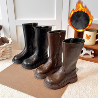 女童高筒靴冬季新款时尚简约字母皮靴韩版加绒保暖骑士长靴潮