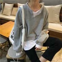 假两件含棉设计感宽松卫衣女秋冬薄款拼接打底衫文艺风长袖T恤女_929